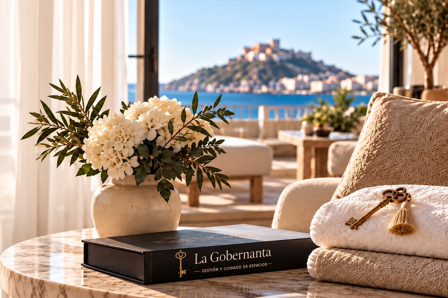 Interior mediterráneo de lujo con flores, textiles y vistas al mar